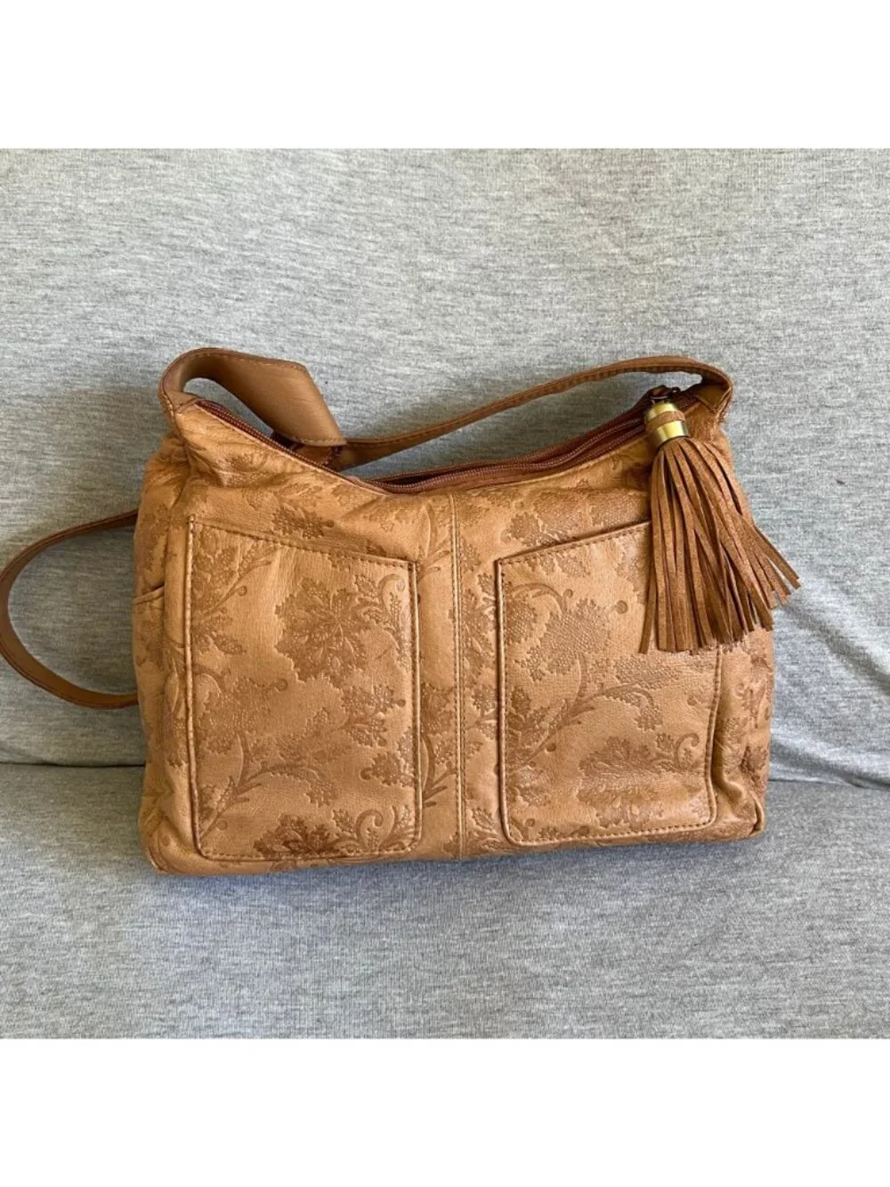 Cabin Creek Floral Embossed Faux Leather Shoulder Bag With Tassel Accent & Pocke - Picture 2 of 4